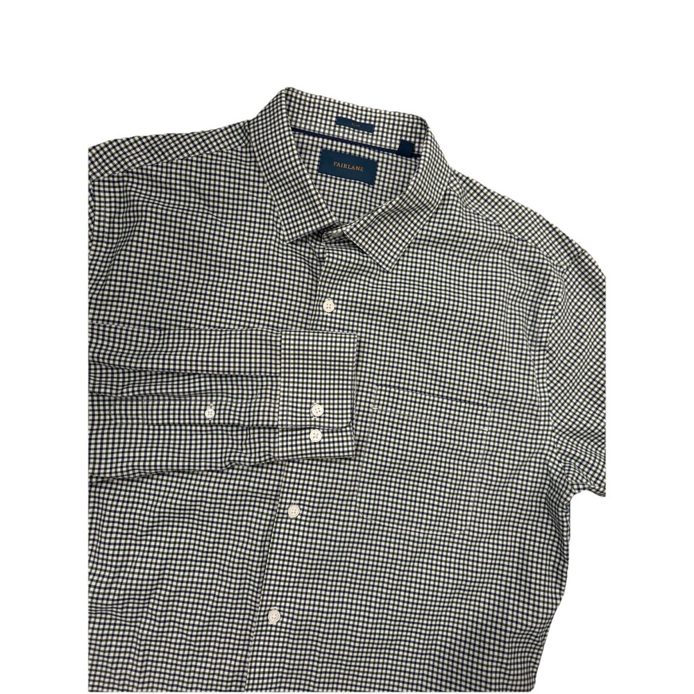 Fairlane Dress Shirt Men's XL Slim Fit Green/ White Small Check Button down